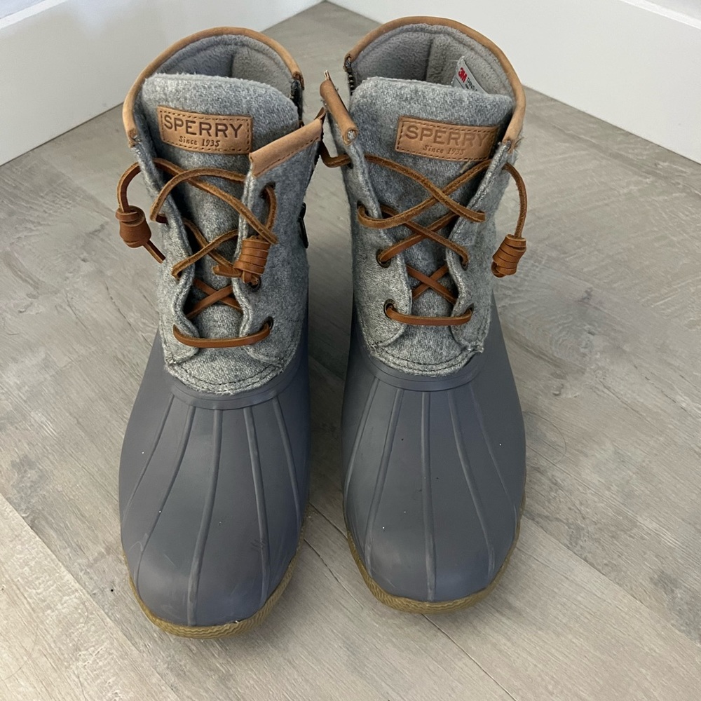 Grey sperry boots